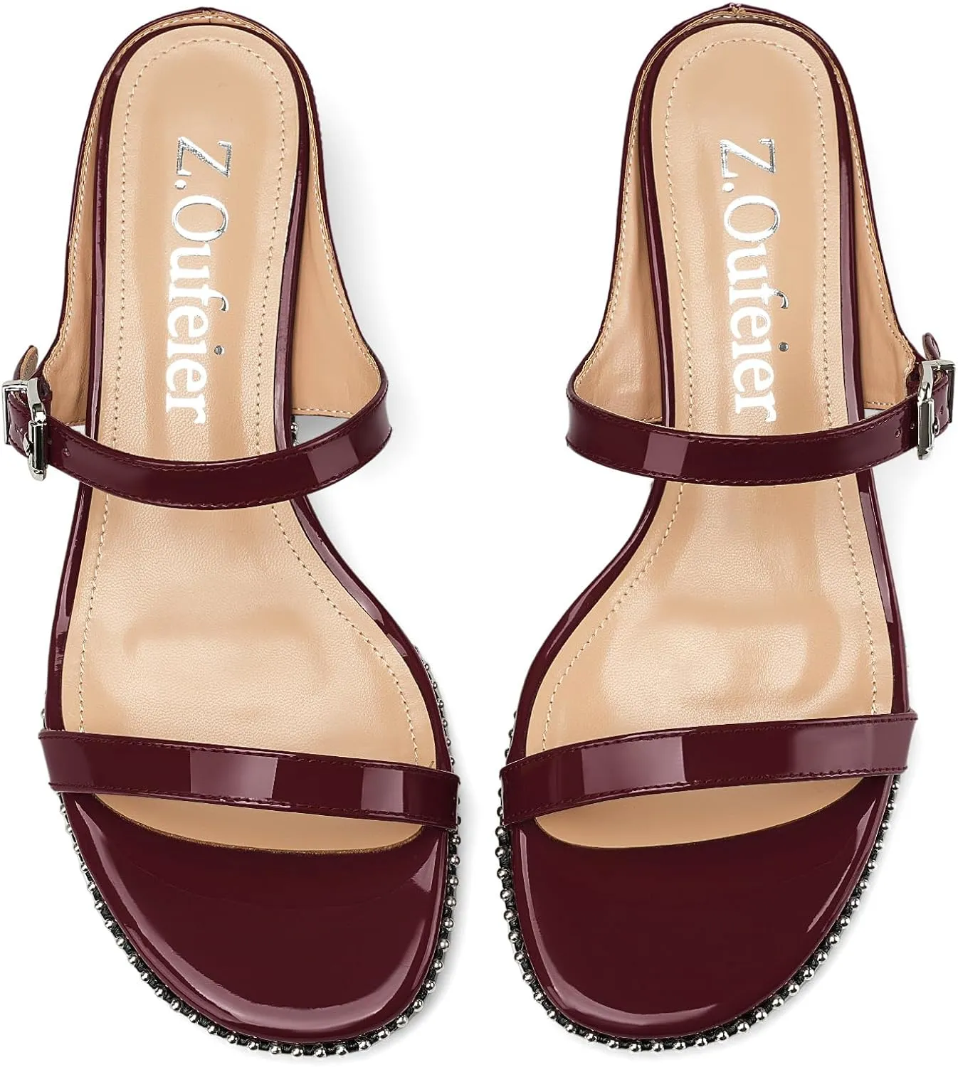 Z.Oufeier Women's Two Strap Low Kitten Heels Studded Sandals Open Toe Heeled Strappy Beaded Buckle Slip On Dressy Mules Shoes