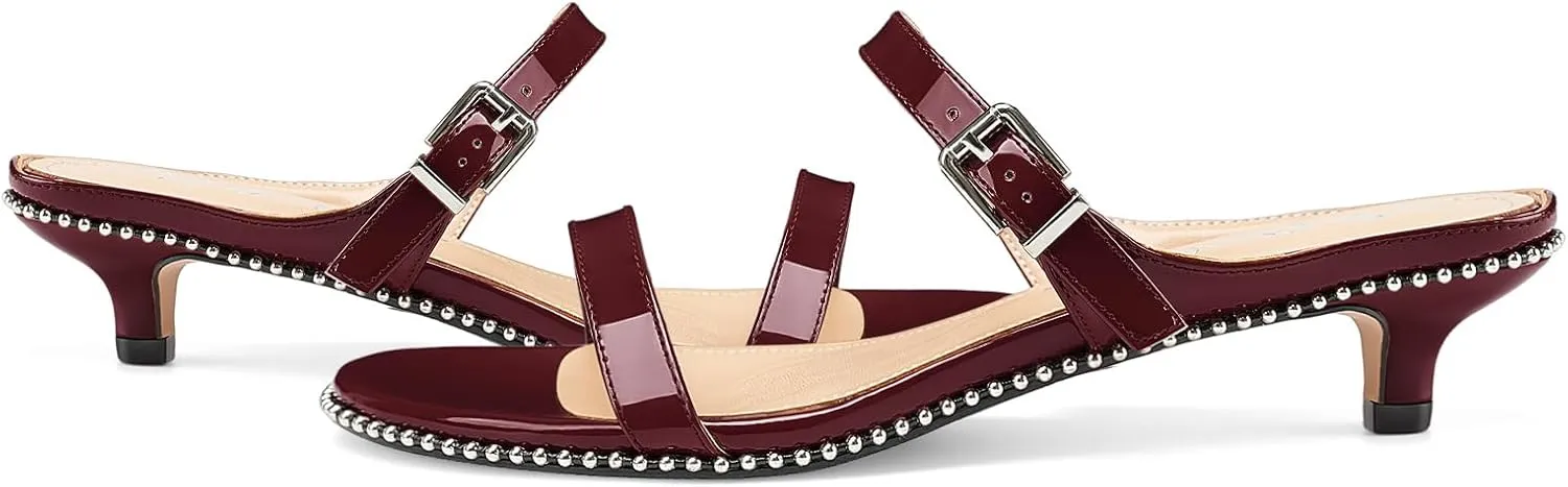 Z.Oufeier Women's Two Strap Low Kitten Heels Studded Sandals Open Toe Heeled Strappy Beaded Buckle Slip On Dressy Mules Shoes