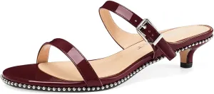 Z.Oufeier Women's Two Strap Low Kitten Heels Studded Sandals Open Toe Heeled Strappy Beaded Buckle Slip On Dressy Mules Shoes