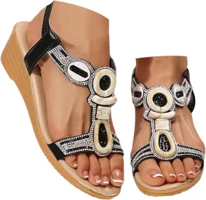 ZSpzx 2025 Women Wedge Sandals Fashion Cute Boho Retro Rhinestone Non-Slip Walking Footwear Breathable Comfortable Ladies Dress Casual Shoe Summer Indoor/Outdoor Slip-On Daily Wear Vacation Slippers
