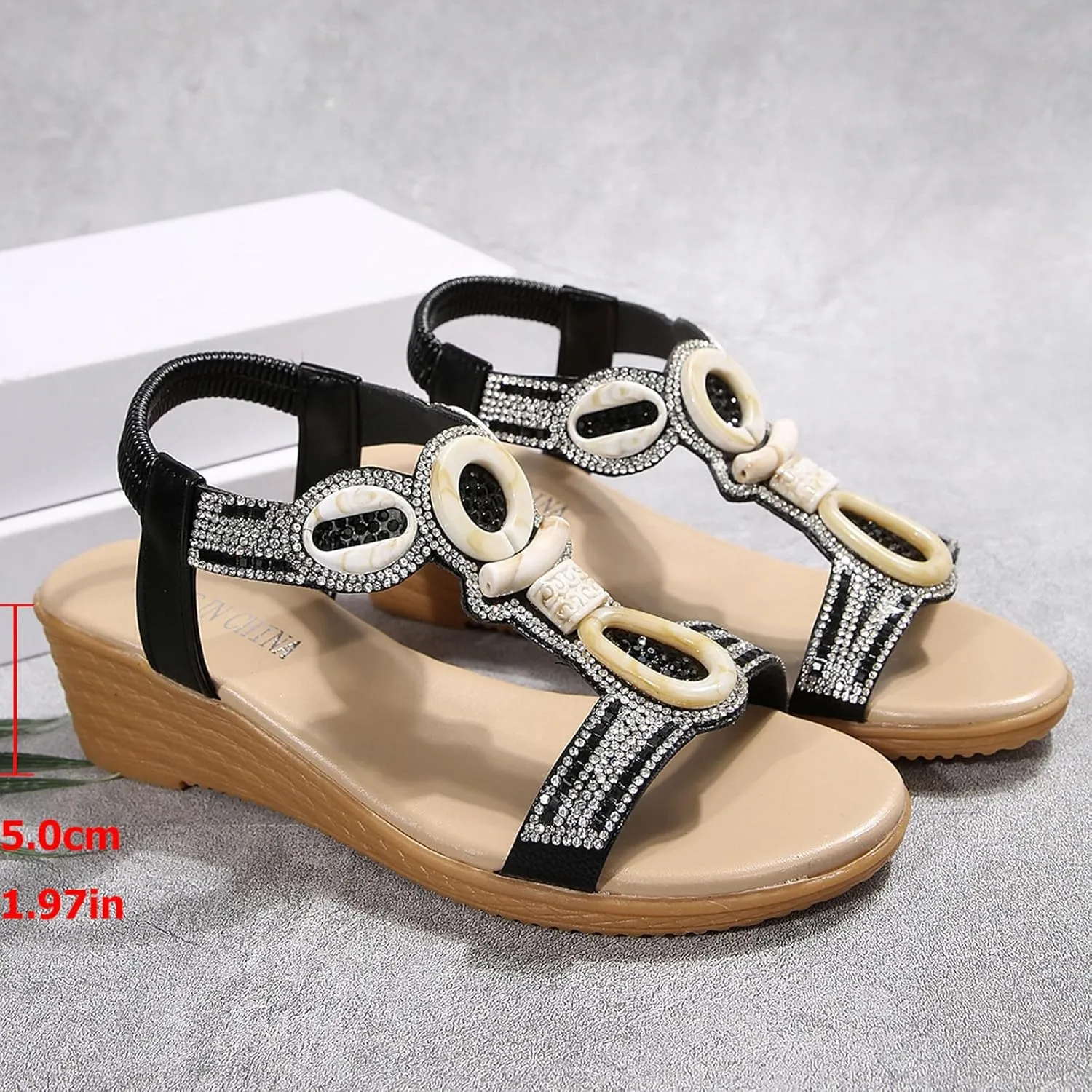 ZSpzx 2025 Women Wedge Sandals Fashion Cute Boho Retro Rhinestone Non-Slip Walking Footwear Breathable Comfortable Ladies Dress Casual Shoe Summer Indoor/Outdoor Slip-On Daily Wear Vacation Slippers