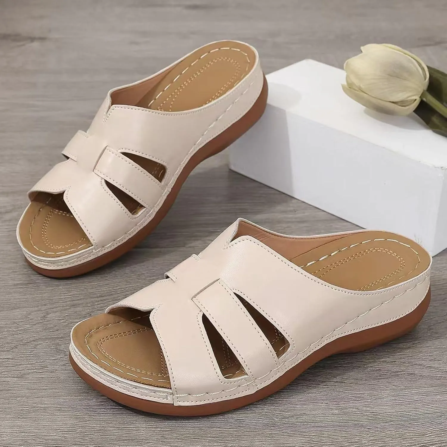ZSpzx 2025 Women's Slip On Sandals,Wide Width Orthopedic Hollow Out Peep Toe Plantar Fasciitis Recovery Mules Arch Support Cushion Footbed Casual Slippers Ladies Comfortable Shoes Dail Wear Shoe