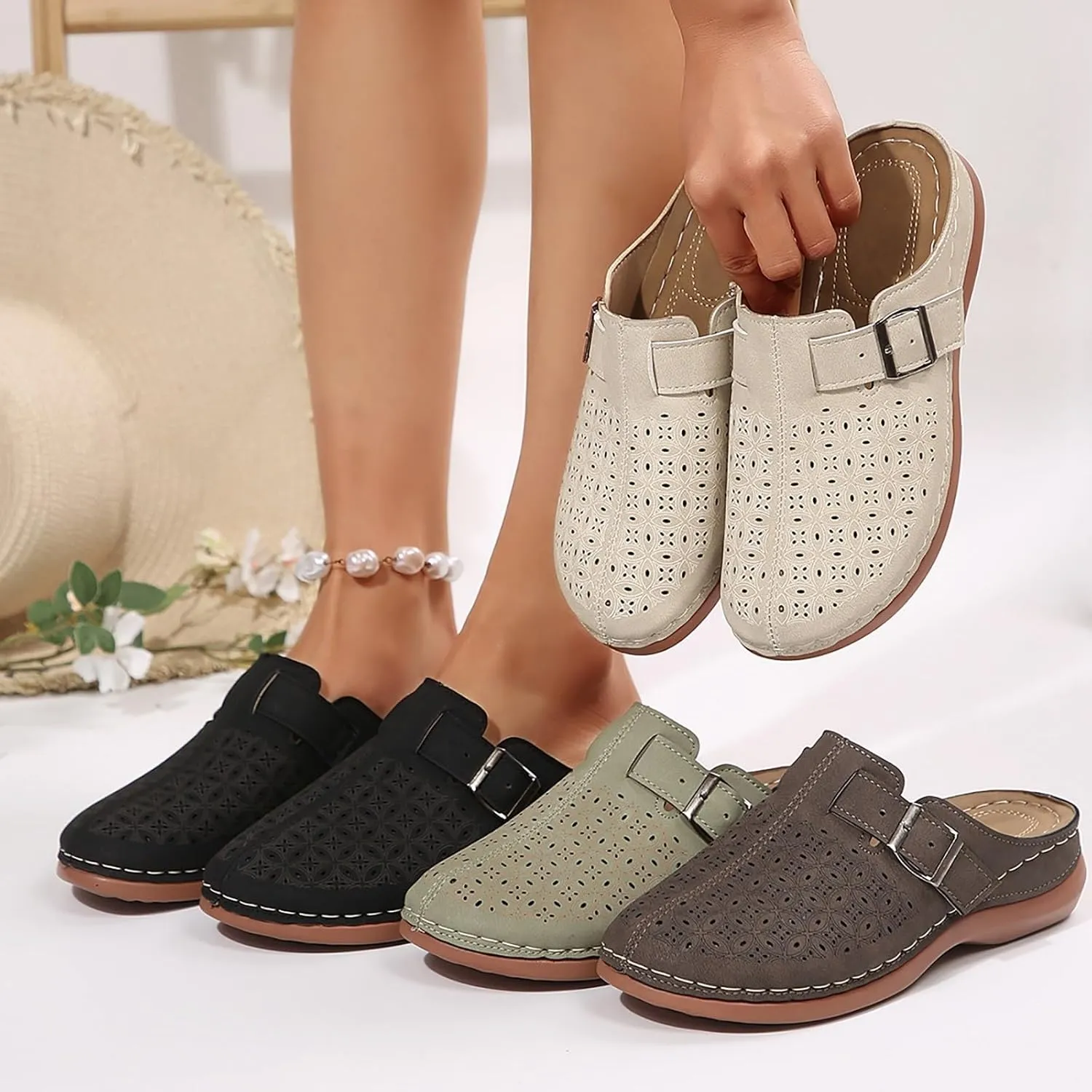 ZSpzx Women's Orthopedic Closed Toe Sandals Summer Slip On Cutout Caged Adjustable Strap Low Wedge Heel Sandal Ladies Arch Support Comfortable Cushion Footbed Recovery Mules for Daily Wear
