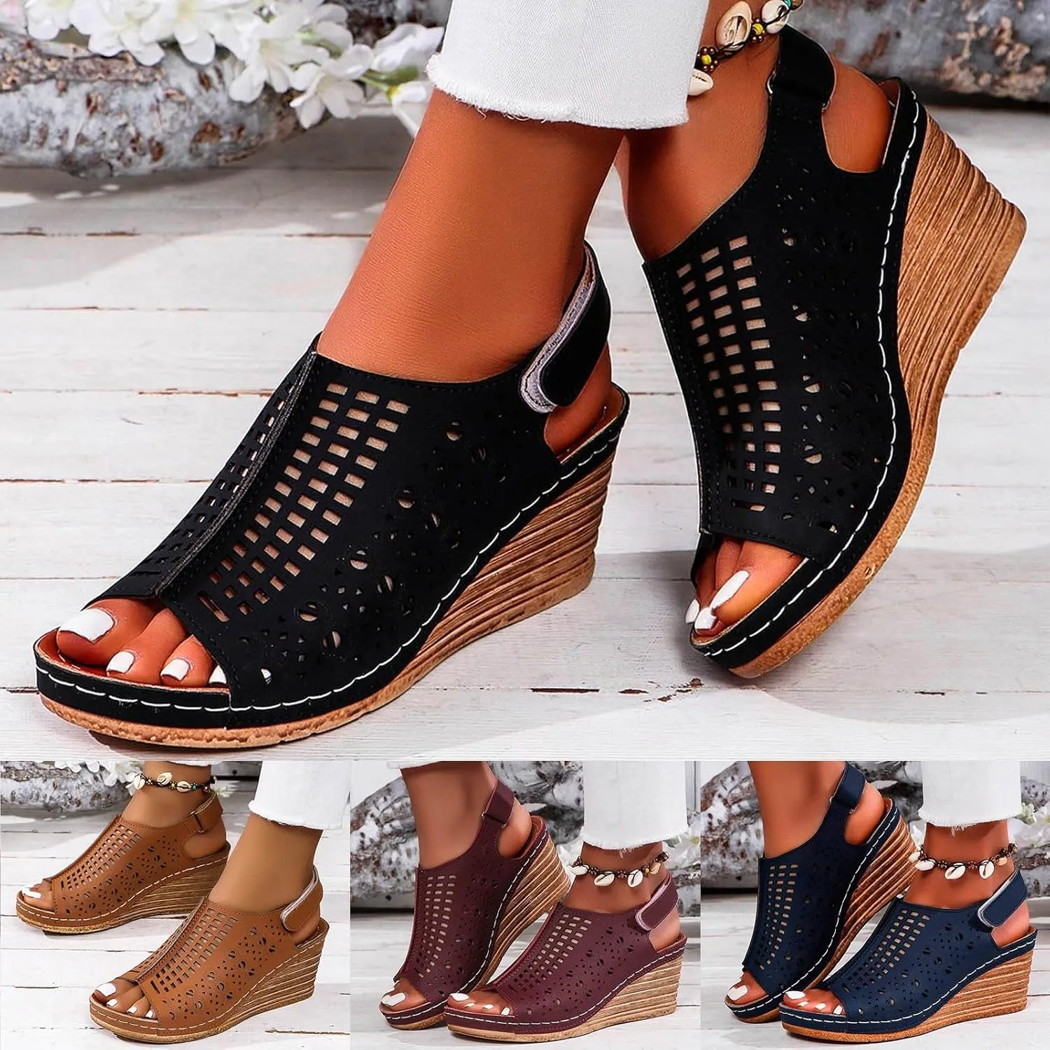 ZSpzx Womens Platform Wedge Sandals,Sandals for Women Dressy Summer Slip on Elastic Ankle Strap Casual Slip on Elastic Ankle Strap Beach Shoes for Street Work Travel