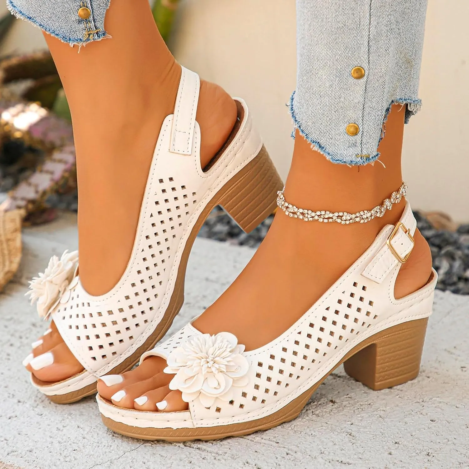 ZWRXW Wedge Sandals for Women Peep Toe Hollow Out Slingback Platform Wedge Sandals Bohemian Chic Flowers Dressy Summer Sandal Open Toe Ankle Strap Chunky Heel Shoes for Travel Vacation Beach Party
