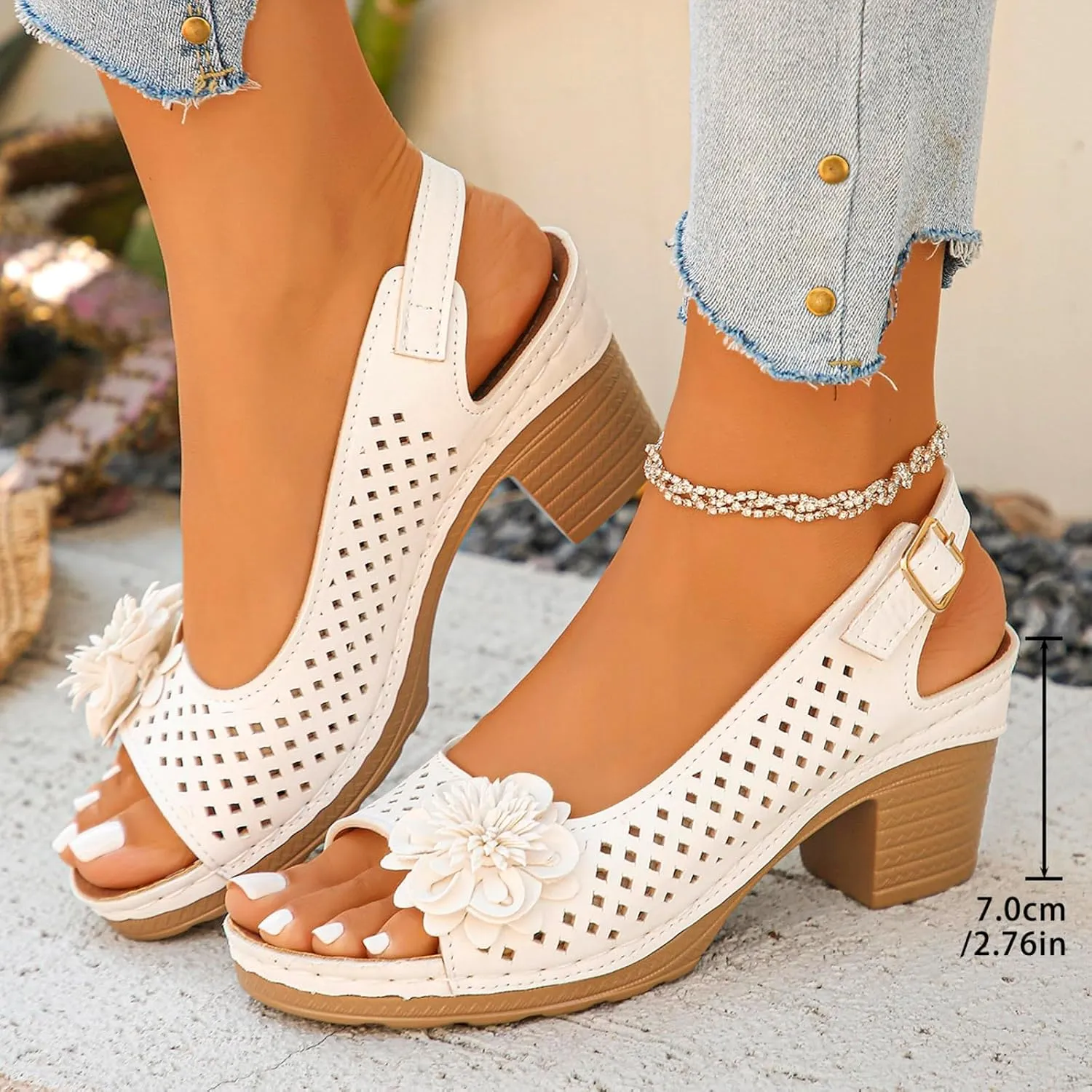 ZWRXW Wedge Sandals for Women Peep Toe Hollow Out Slingback Platform Wedge Sandals Bohemian Chic Flowers Dressy Summer Sandal Open Toe Ankle Strap Chunky Heel Shoes for Travel Vacation Beach Party