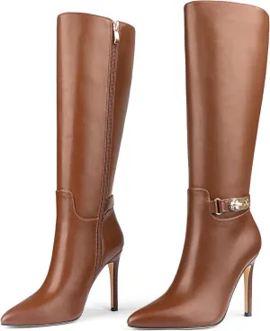 Zzheels Women's Knee High Boots Buckle Stiletto Boots Pointed Toe Side Zipper Heels Winter Party Dress Shoes