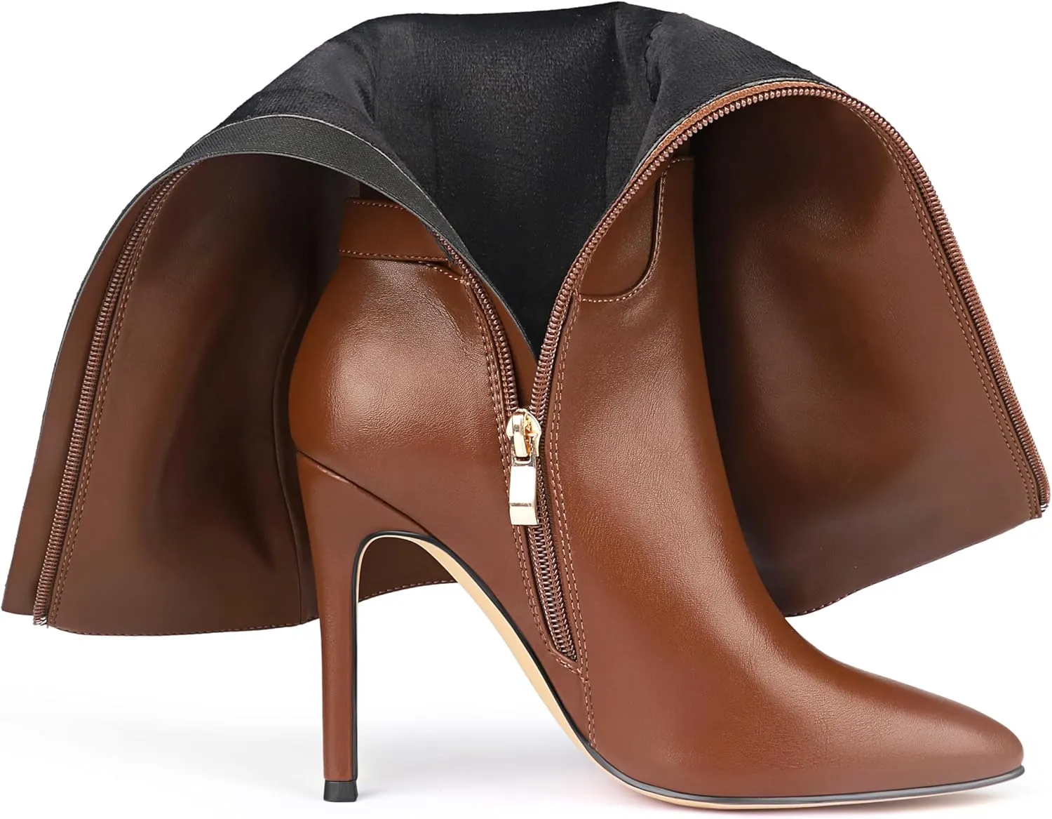 Zzheels Women's Knee High Boots Buckle Stiletto Boots Pointed Toe Side Zipper Heels Winter Party Dress Shoes