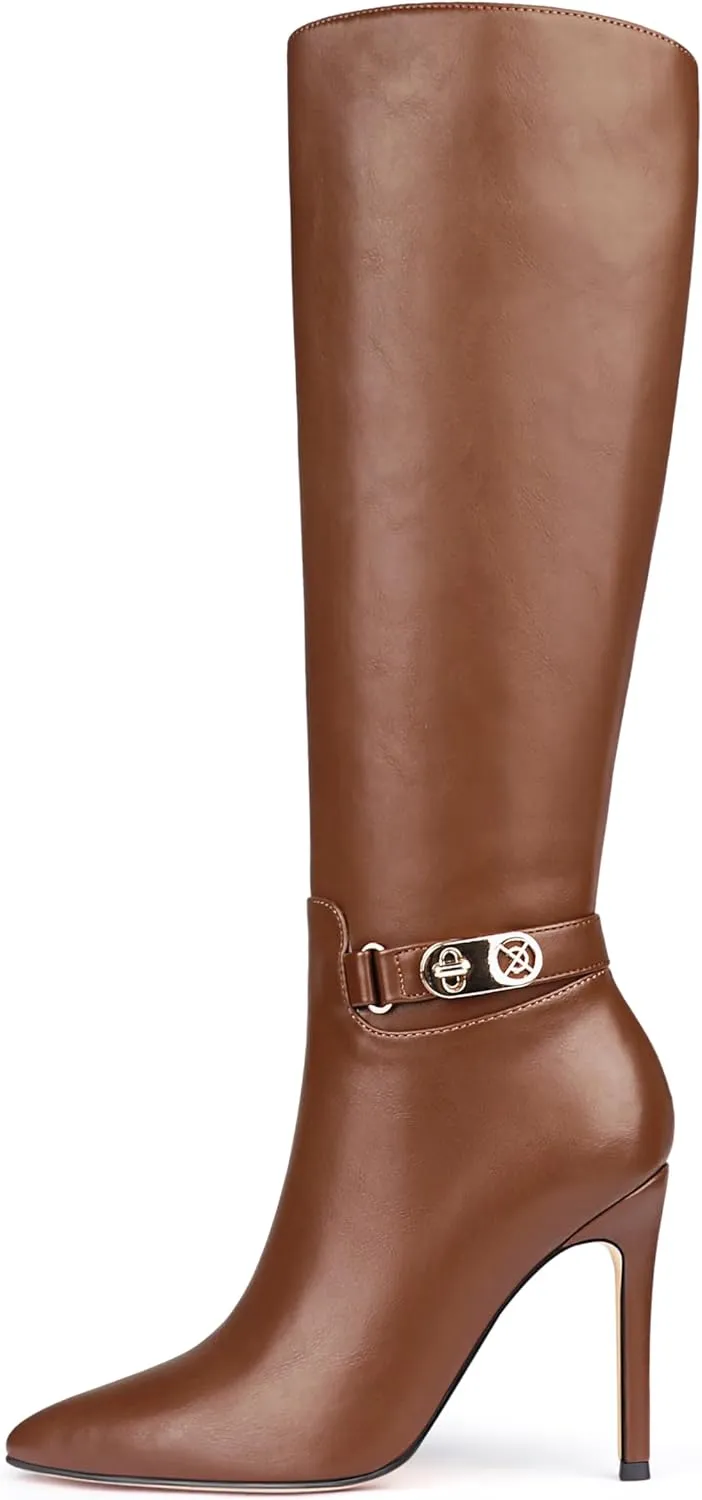Zzheels Women's Knee High Boots Buckle Stiletto Boots Pointed Toe Side Zipper Heels Winter Party Dress Shoes